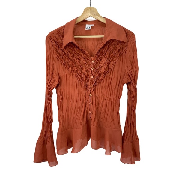 Sash Tops - 3/$25 Sash Sheer Coral Coloured Flare Sleeve Long Sleeve Blouse Top Large